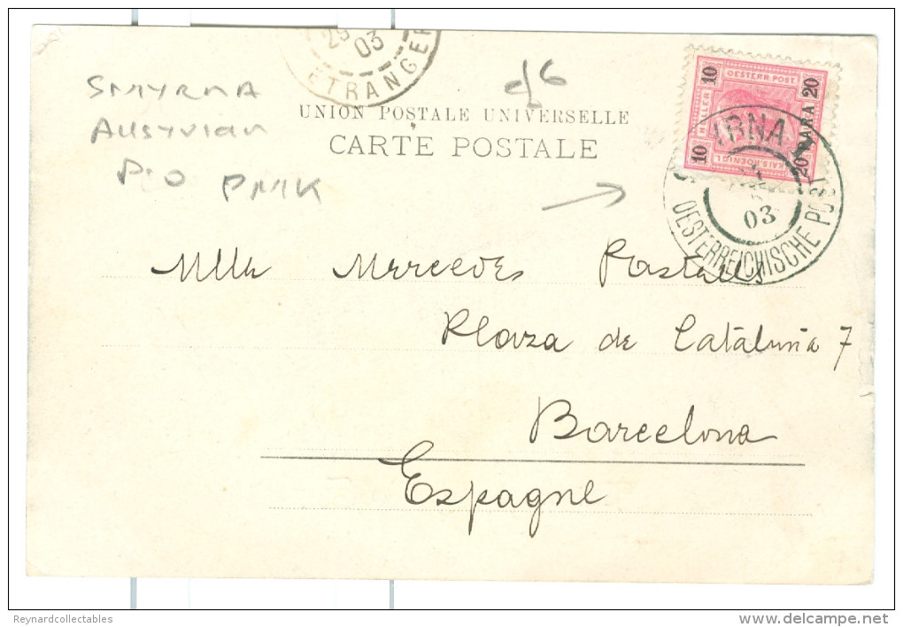 1903 Smyrna Osterreichische Post Postmark On Egypt Camel Train Pc To Spain - Covers & Documents