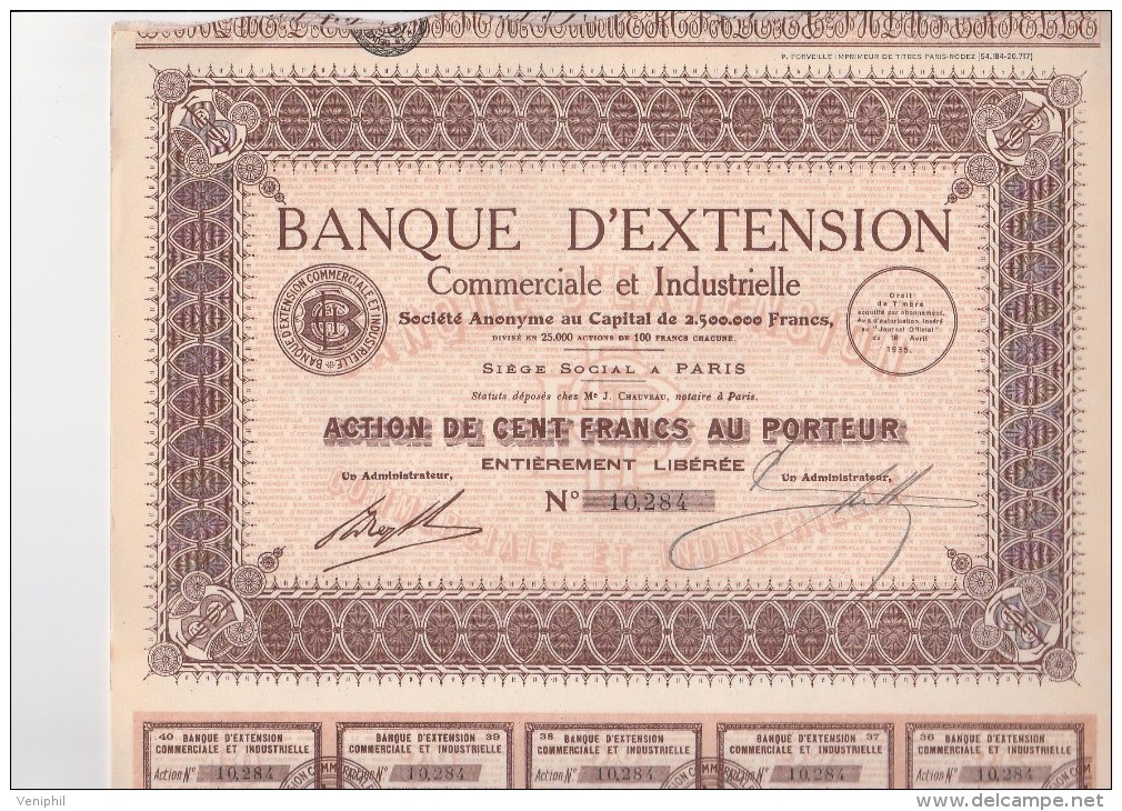 LOT DE 5 ACTIONS DE 100 FRANCS - BANQUE D'EXTENSION COMMERCIALE ET INDUSTRIELLE -1935 - Banca & Assicurazione