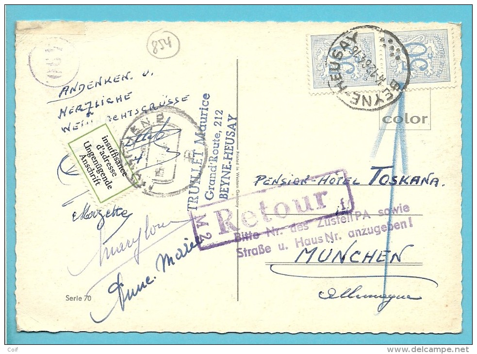 854 Op Kaart Met Stempel BEYNE-HEUSAY Naar Munchen (Duitsland) , Stempel RETOUR + Strookje INSUFFISANCE D'ADRESSE..... - 1951-1975 Lion Héraldique