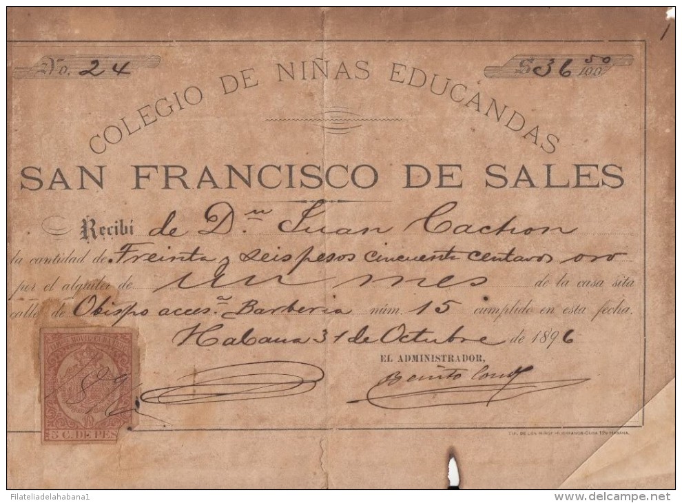 *E646 CUBA SPAIN ESPAÑA OLD INVOICE 1896 \"COLEGIO DE NIÑAS\" CHILDREN SCHOOL. + REVENUE TIMBRE MOVIL 1896 - Spain