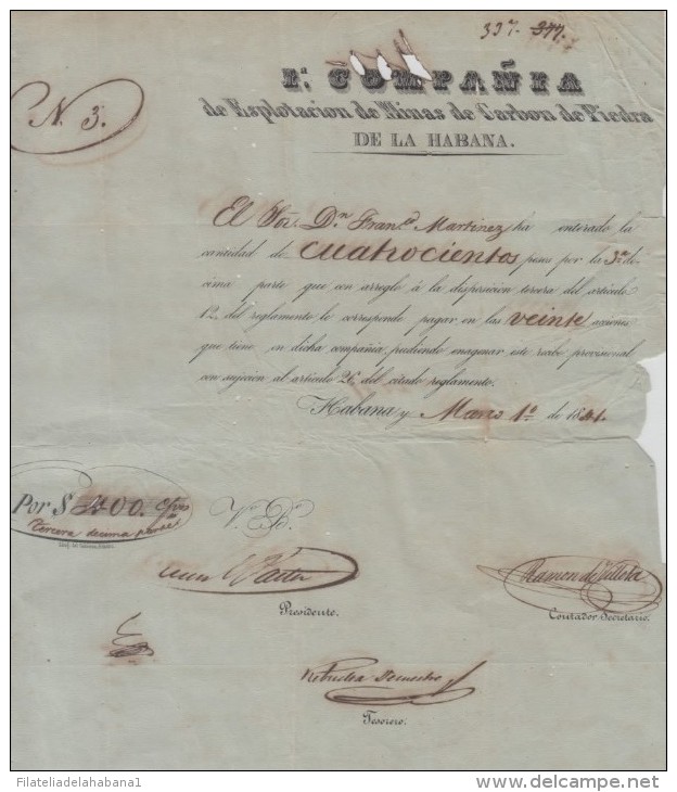 *E714 CUBA SPAIN ESPAÑA ACCION DE 400$ COMPAÑIA MINERA DE CARBON PIEDRA 1841. PROPIEDAD REINA MARIA CRISTINA. - Agriculture