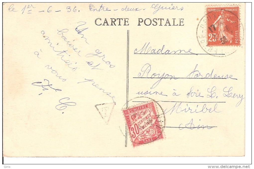 Sur Tres Belle Carte Postal Timbre Taxe 30 C + Type Semeuse 25c 2 Scan Entre Deux Guiers Le Pont Jean Lioud - 1849-1876: Période Classique