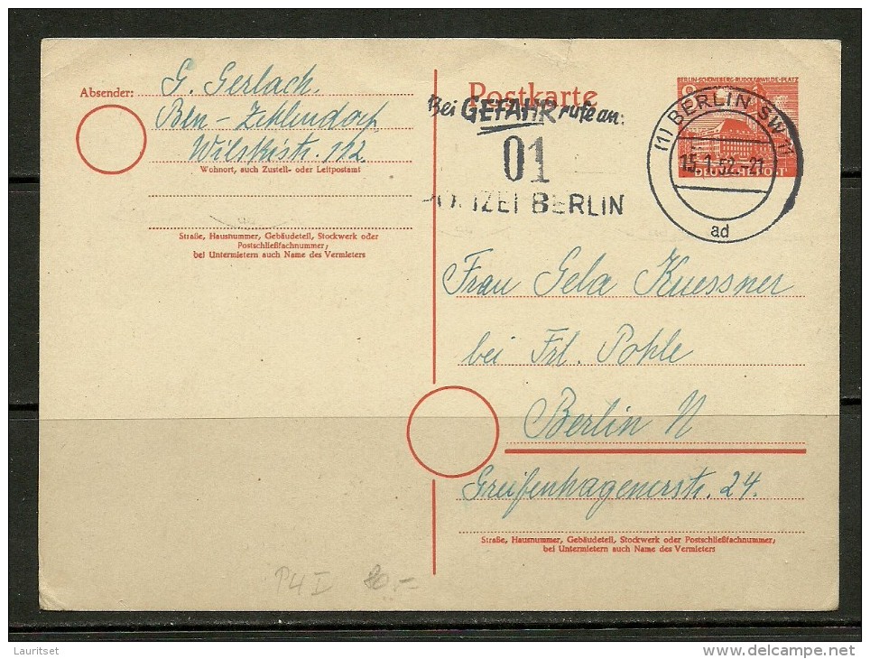 Deutschland 1952 Postkarte Ganzsache Berlin 8 Pf. Mit Maschinenwerbestempel Polizei Berlin - Cartes Postales - Oblitérées