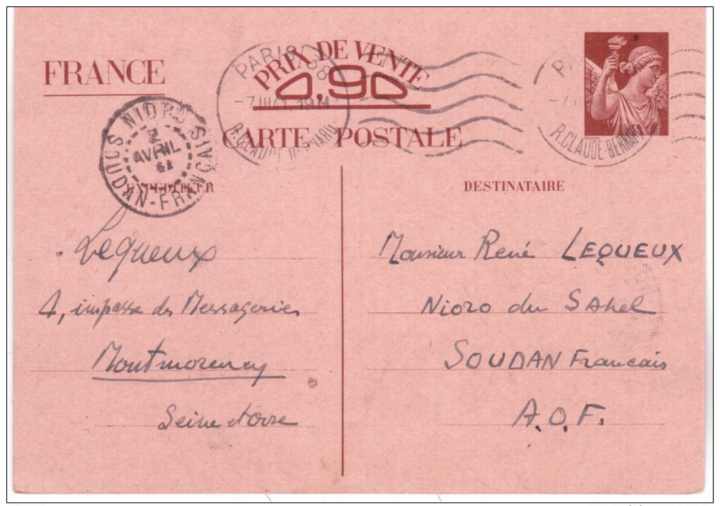 1941- C P E P Sans Valeur De Paris Pour Nioro Du Sahel Au Soudan - Guerre De 1939-45