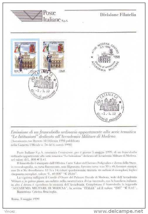 Italia 1999 - Accademia Militare Di Modena. Bollettino Con Francobollo E Annullo FDC - 1991-00: Oblitérés