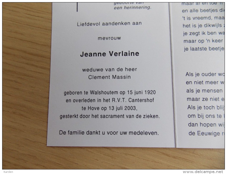 Doodsprentje Jeanne Verlaine Walshoutem 15/6/1920 Hove 13/7/2003 ( Clement Massin ) - Religión & Esoterismo