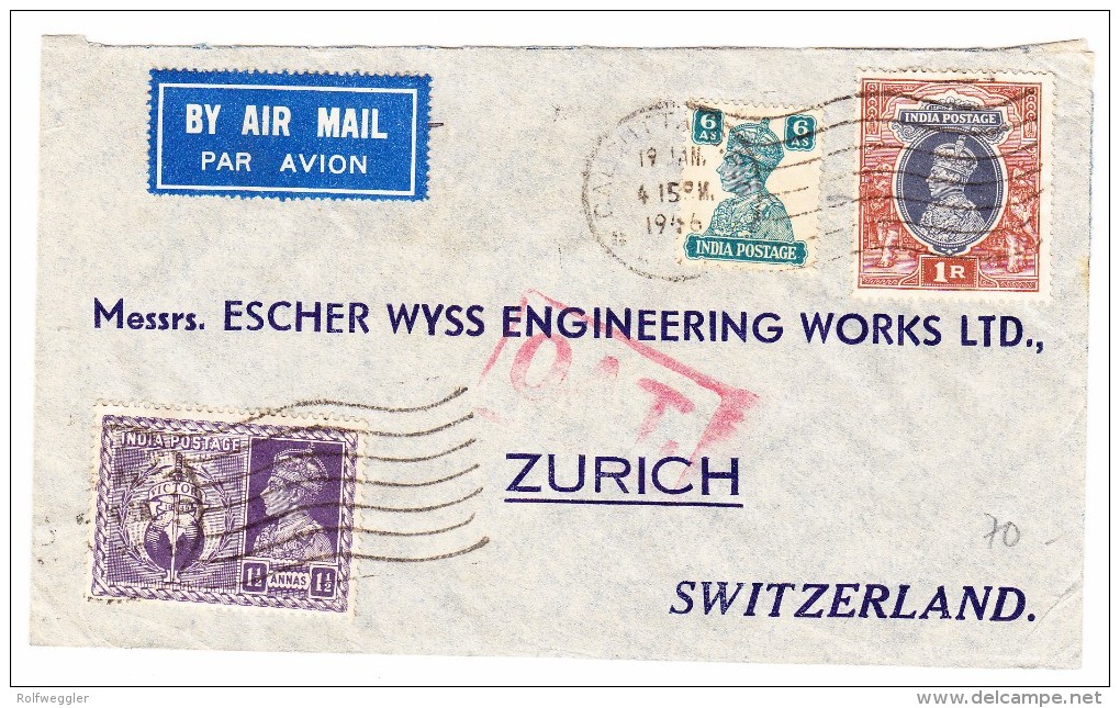 Indien 19.1.1946 Calcutta Luftpost O.A.T. Brief Nach Zürich - Posta Aerea