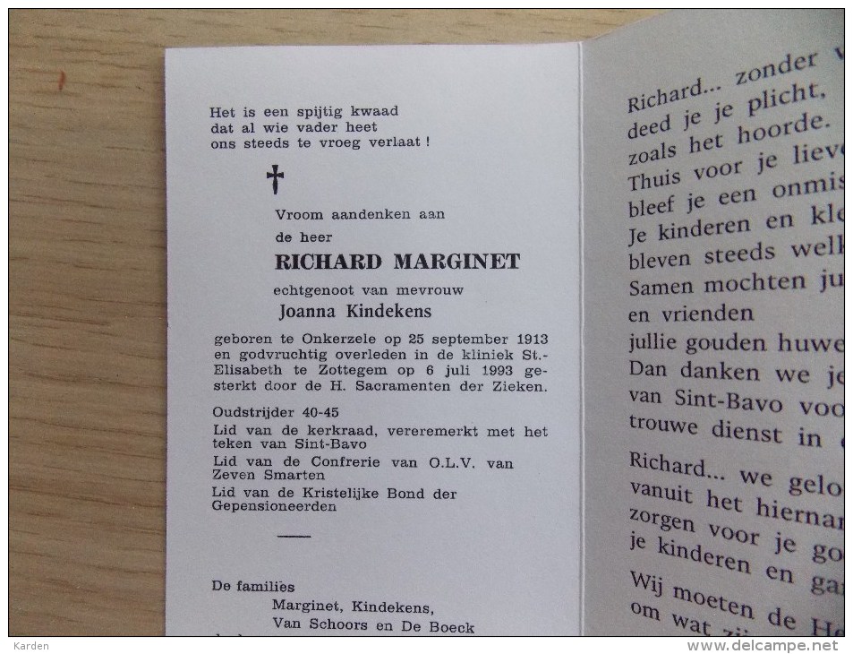 Doodsprentje Richard Marginet Onkerzele 25/9/1913 Zottegem 6/7/1993 ( Joanna Kindekens ) - Religion & Esotericism