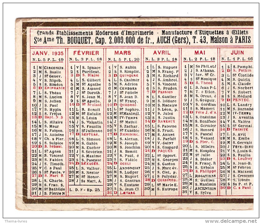 Petit Calendrier IMPRIMERIE BOUQUET (auch) 1935 (PPP1182° - Tamaño Pequeño : 1921-40