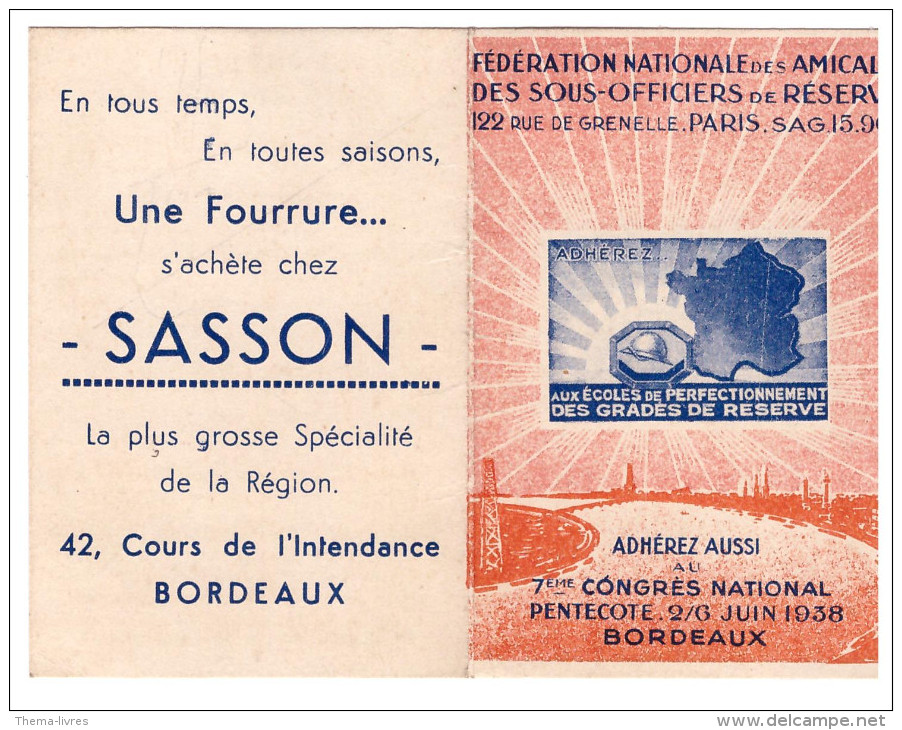 Petit Calendrier FF AMICALE SOUS OFFICIERS DE RESERVE 1938 (PPP1185) - Petit Format : 1921-40