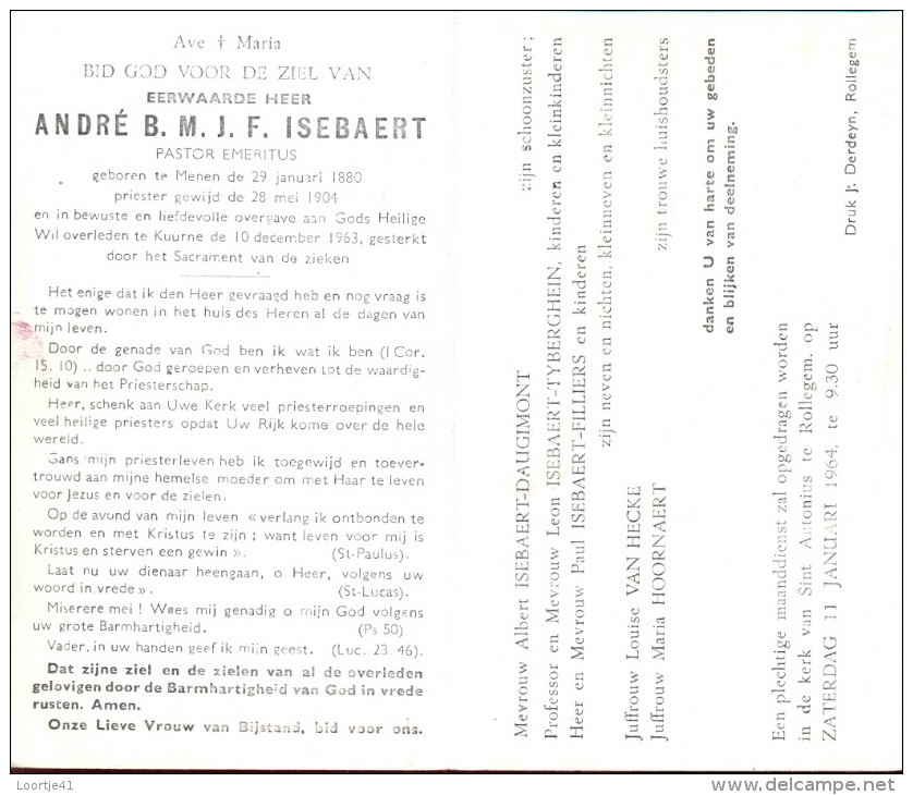 Doodsprentje Oud Pastoor Andre Isebaert - Menen 1880 - Kuurne 1963 - Obituary Notices