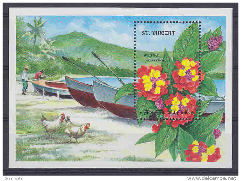 St. Vincent  Wild Sage Flowers / Ships / Chickens M/s ** Mnh (23761) - St.Vincent (1979-...)