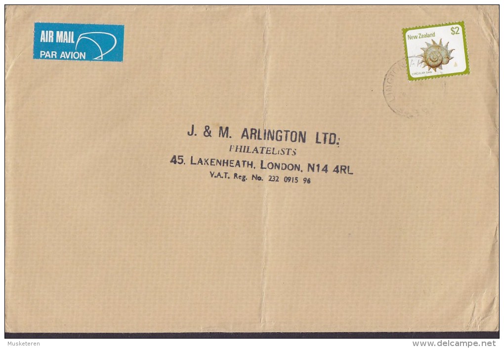New Zealand AIR MAIL Par Avion Label LINGTON 1980? Cover Brief ENGLAND Single $2 Shell Meeresschnecke "Circular Saw" - Luftpost
