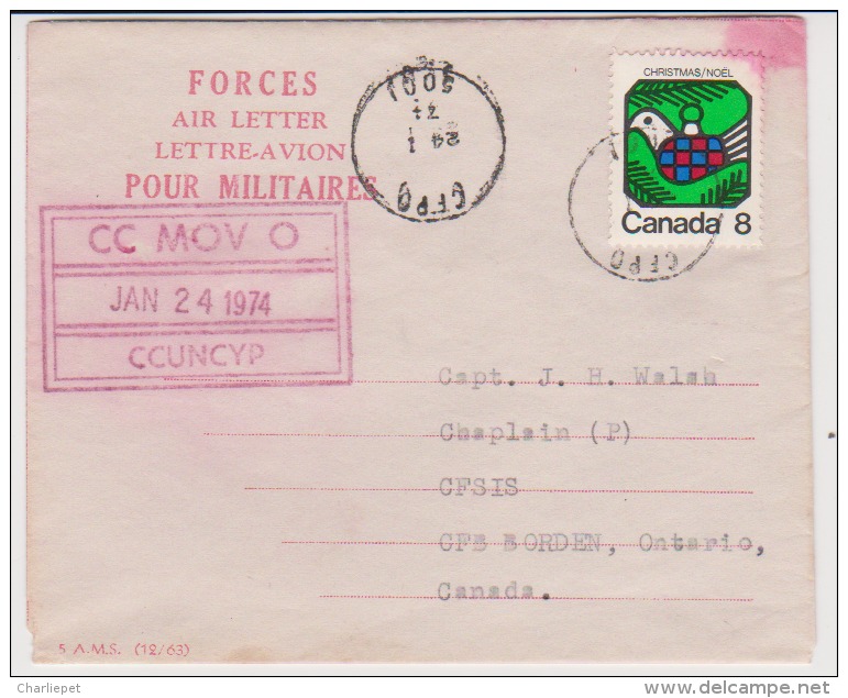 Canada 1974 UN Forces Air Letter For Military  CC MOV O Cover - Histoire Postale