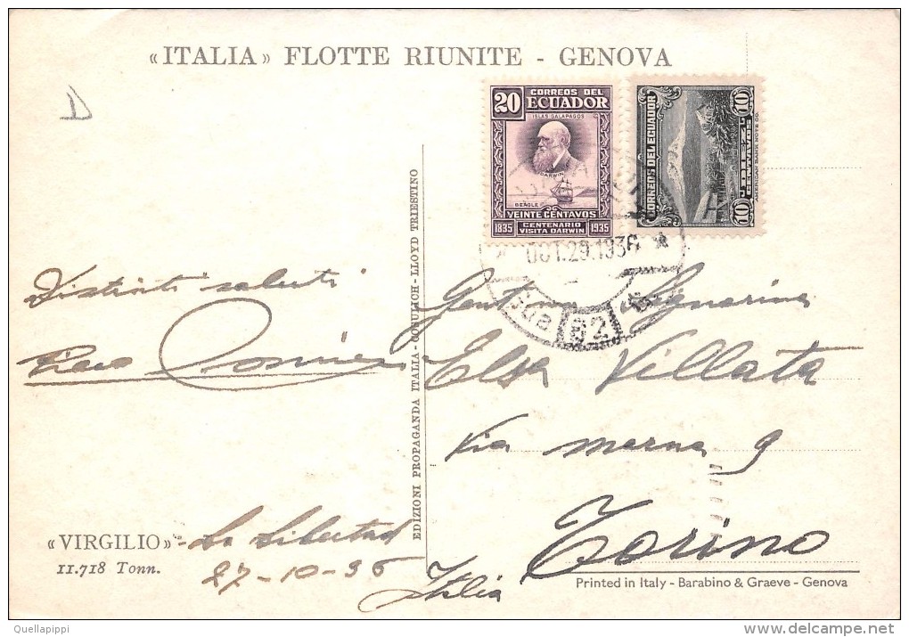 02033  "MOTONAVE VIRGILIO TONN 11718 - ITALIA FLOTTE RIUNITE-GENOVA - EQUADOR/ITALIA " CART. POSTALE.  SPEDITA 1936 - Banche