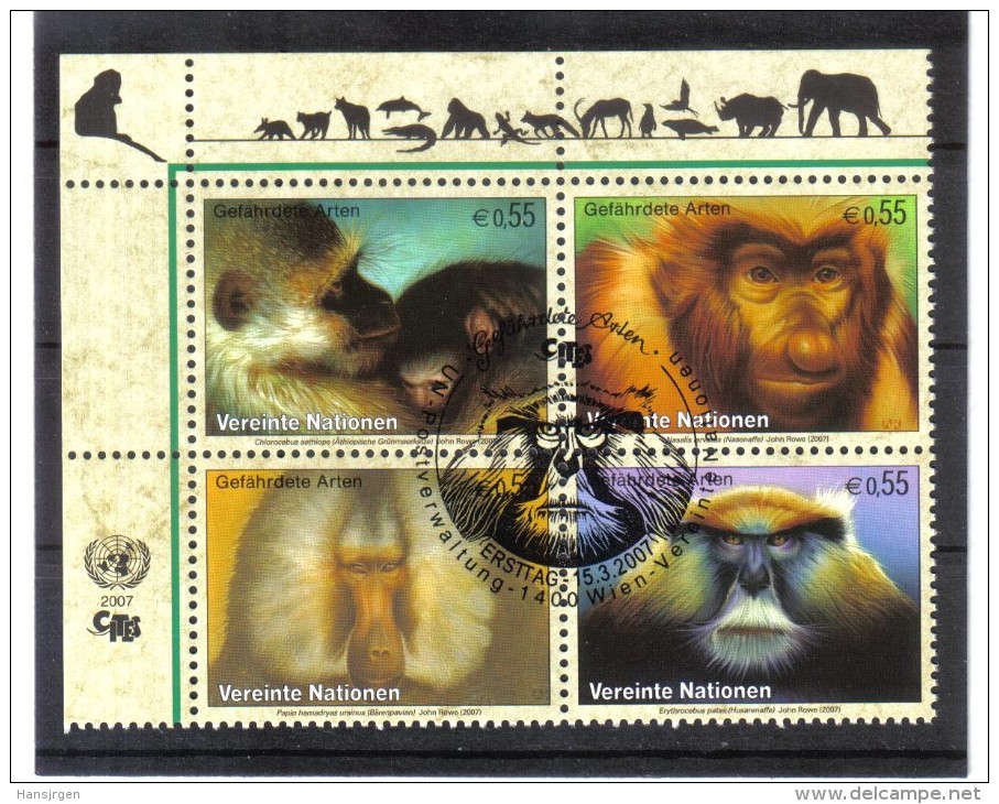 XIO195 UNO WIEN  2007  MICHL  485/88 VIERERBLOCK GEFÄHRTERTE ARTEN   Used/gestempelt - Used Stamps