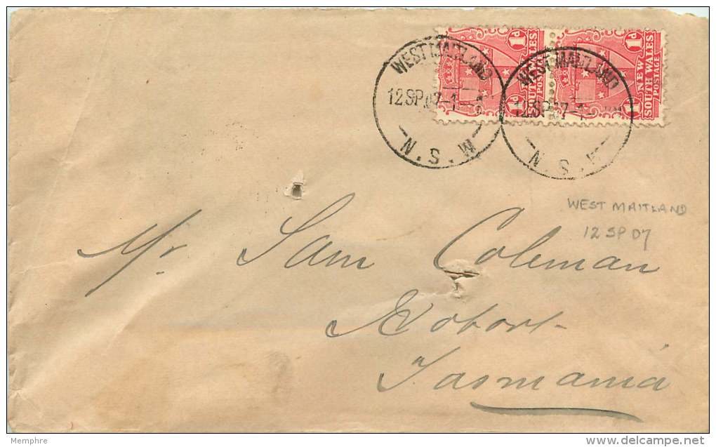 1907  Letter From Wesrt Maitland To Hobart, Tasmania  For Tattersall  SG - Briefe U. Dokumente