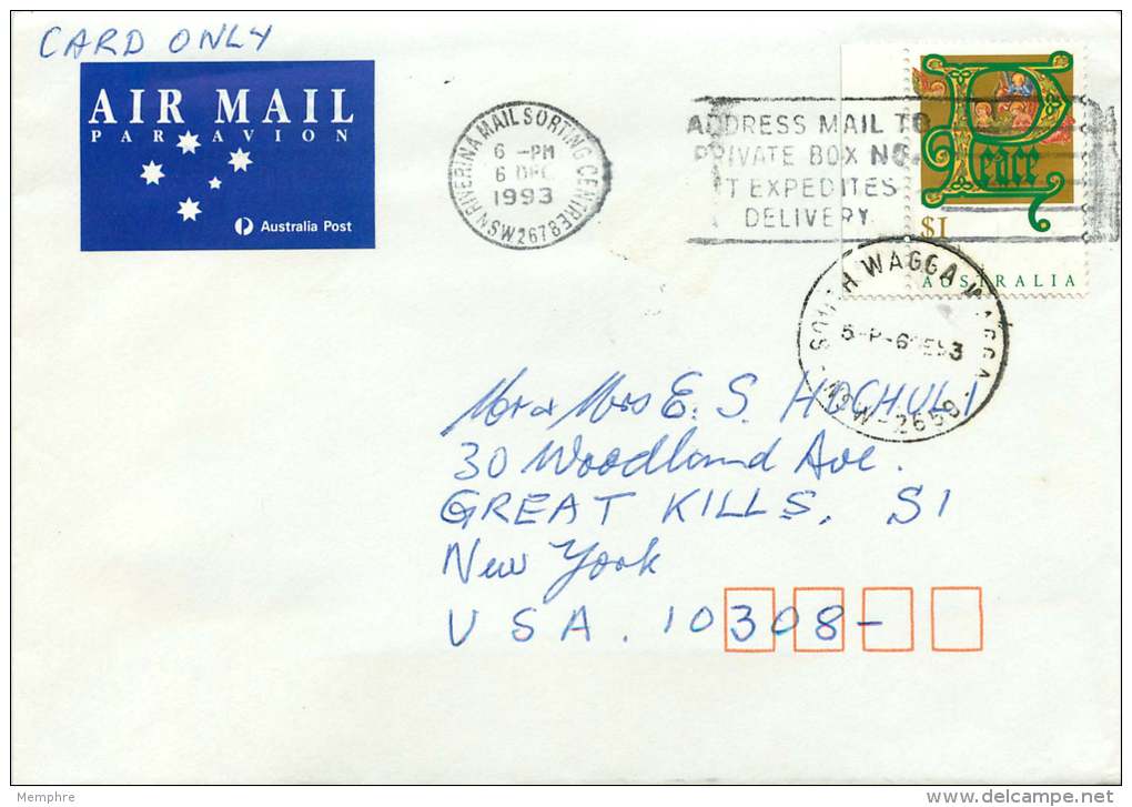 1993  Card Only By AirMail To USA   Christmas  $1 Stamp - Lettres & Documents