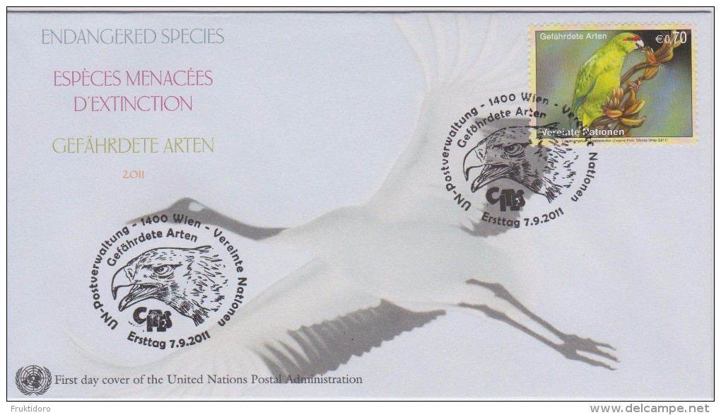 United Nations FDC Mi 732 Endangered Species - Red-fronted Parakeet - 2011 - FDC