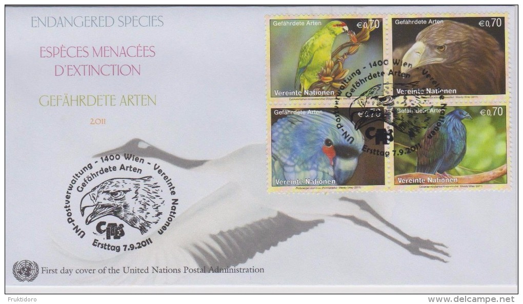 United Nations FDC Mi 732-735 Endangered Species - Red-fronted Parakeet - White-tailed Eagle - Nicobar Pigeon - 2011 - FDC