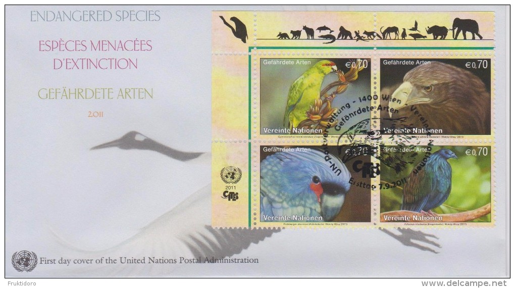 United Nations FDC Mi 732-735 Endangered Species - Red-fronted Parakeet - White-tailed Eagle - Nicobar Pigeon - 2011 - FDC