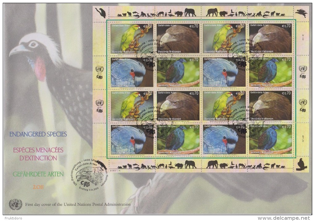 United Nations FDC Mi 732-735 Endangered Species - Red-fronted Parakeet - White-tailed Eagle - Nicobar Pigeon - 2011 - FDC