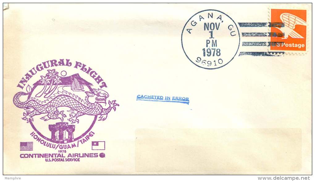 1978 Air Mail Letter Fromm Agana, Guam First Flight Honolulu-Guam-Taipei   &laquo;Cacheted In Error&raquo; - 3c. 1961-... Covers