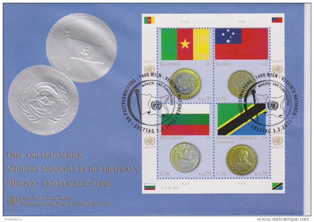 United Nations Vienna FDC Mi 738-739 / 742-743 Flags And Coins - Cameroon - Samoa - Bulgaria - Tanzania - 2012 - FDC