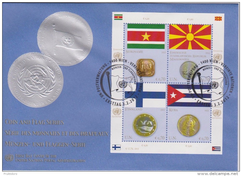 United Nations Vienna FDC Mi 742-745 Flags And Coins - Suriname - Macedonia - Finland - Cuba - 2012 - FDC