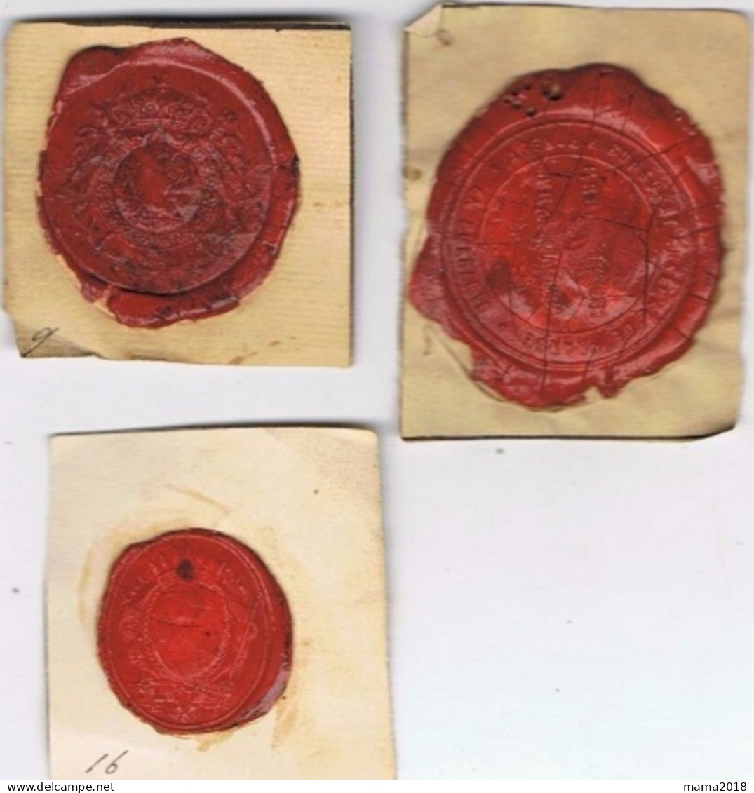 Lot De  Trois Tampons Anciens  En Cire Rouge Sur Papier - Seals