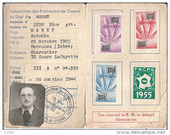 Carte Association Des Prisonniers De Guerre Du Rhone Et Ses 14  De 1952 à 1965 Vignettes Dos Scanné Franco Port Europe - Militair