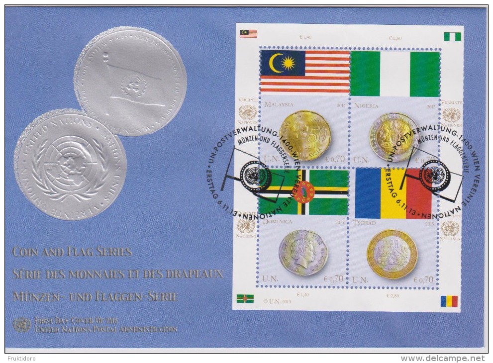 United Nations Vienna FDC Mi 798-799 / 802-803 Flags And Coins - Malaysia - Nigeria - Dominica - Chad - 2013 - FDC