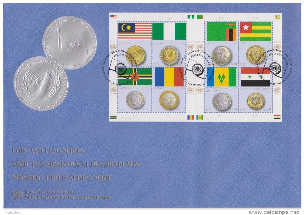 United Nations Vienna FDC Mi 798-805 Flags And Coins - Malaysia - Nigeria - Dominica - Chad - Zambia - Togo - 2013 - FDC