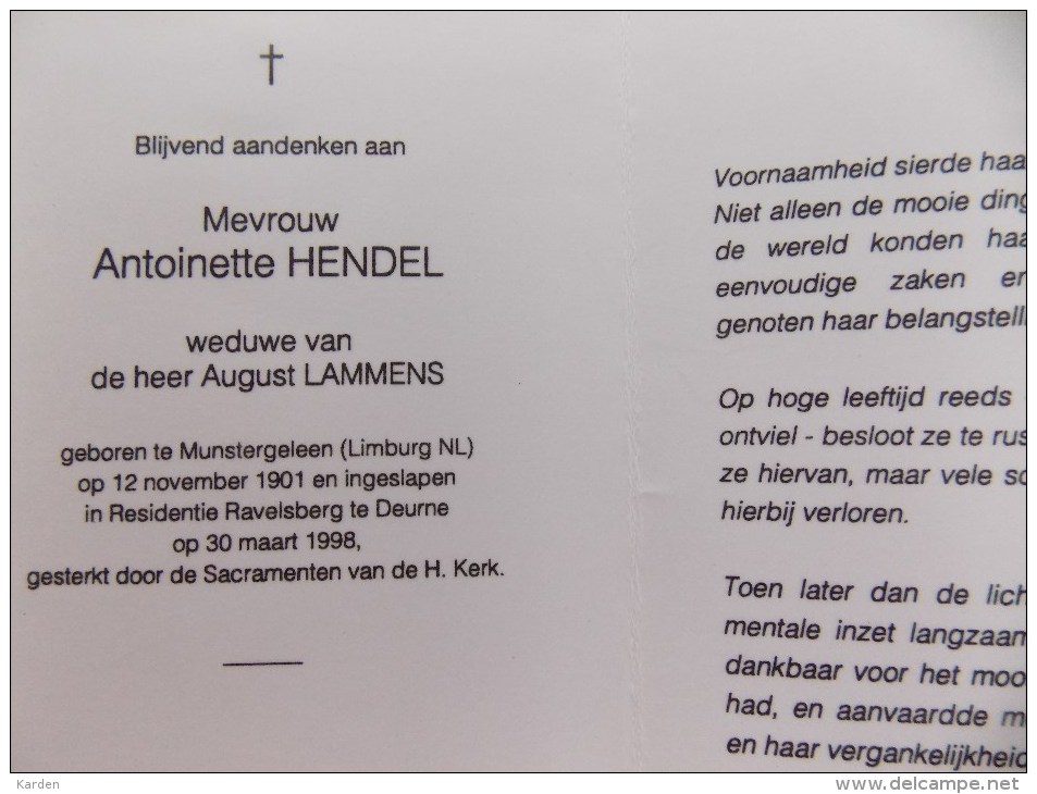 Doodsprentje Antoinette Hendel Munstergeleen (N) 12/11/1901 Deurne 30/3/1998 ( August Lammens ) - Religión & Esoterismo