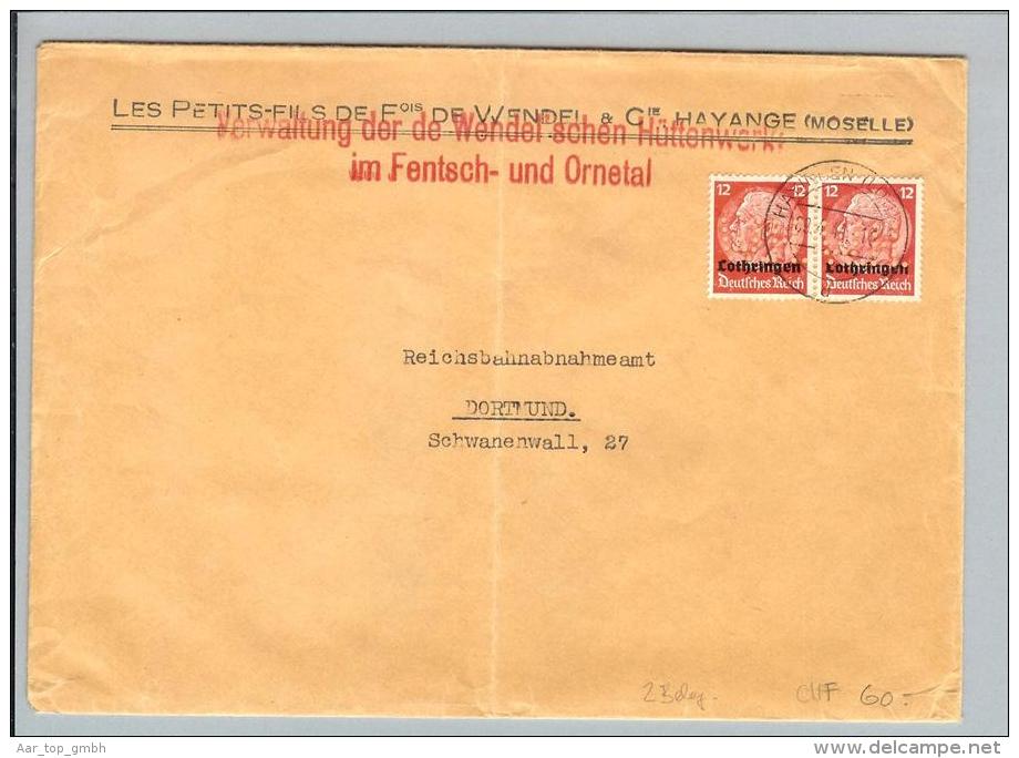 DR Deutsche Besetzung Lothringen 1941-04-09 Brief 2x12Pf. Perfin "W.H." - Besetzungen 1938-45