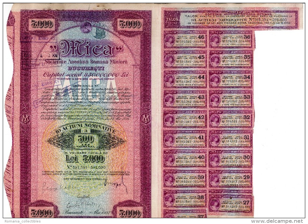 Romania, 5.000 Lei 1937, Lot Of 4 Bond Certificates With Coupons & Receipts - "Mica" Mining Company - M - O