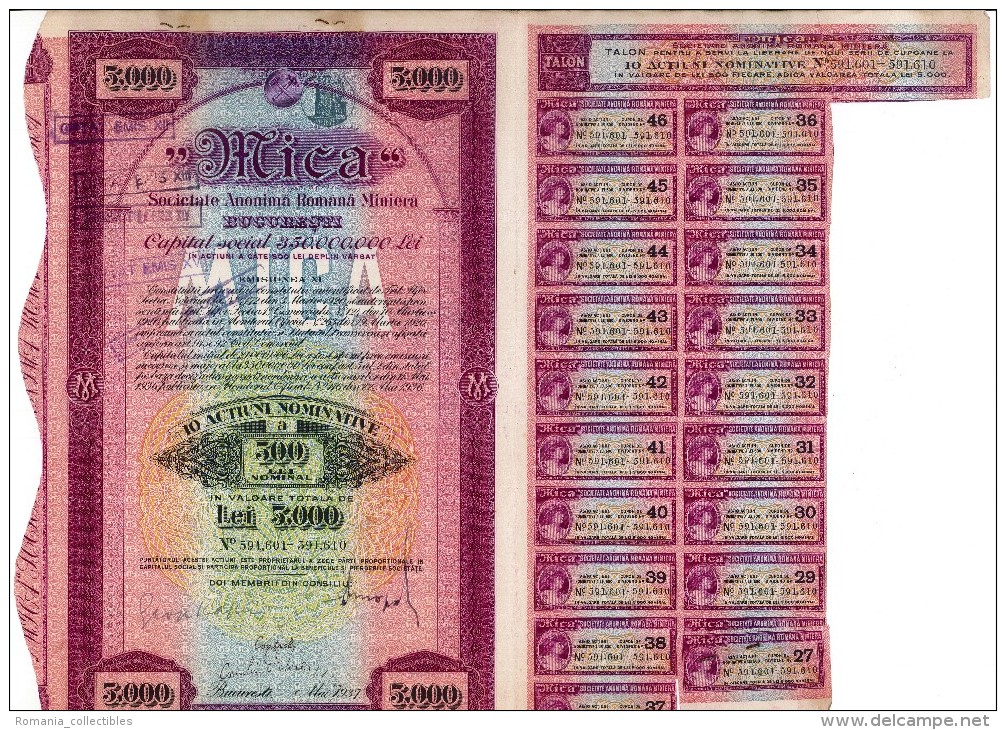 Romania, 5.000 Lei 1937, Lot Of 4 Bond Certificates With Coupons & Receipts - "Mica" Mining Company - M - O