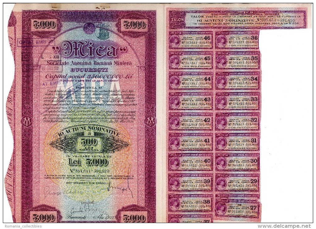 Romania, 5.000 Lei 1937, Lot Of 4 Bond Certificates With Coupons & Receipts - "Mica" Mining Company - M - O