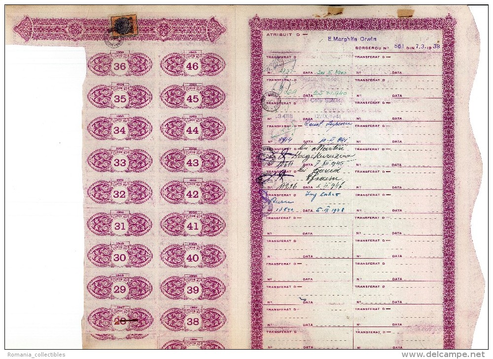 Romania, 5.000 Lei 1937, Lot of 4 Bond Certificates with Coupons & Receipts - "Mica" Mining Company