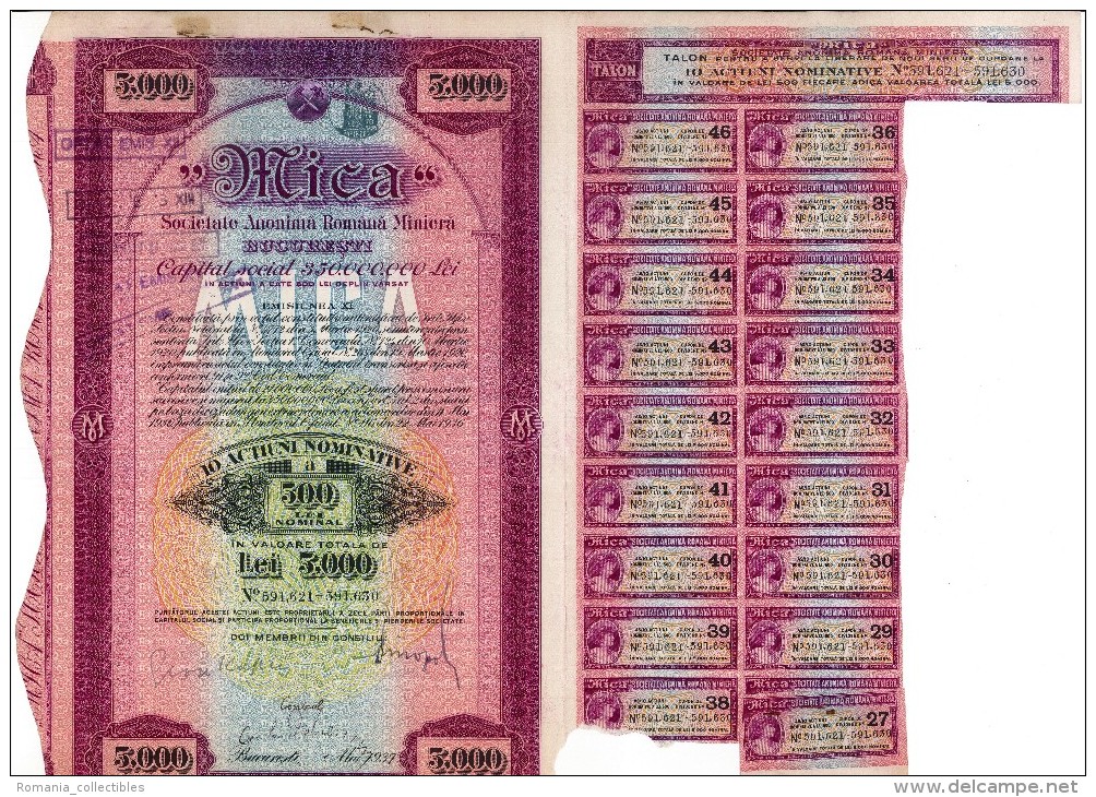 Romania, 5.000 Lei 1937, Lot of 4 Bond Certificates with Coupons & Receipts - "Mica" Mining Company