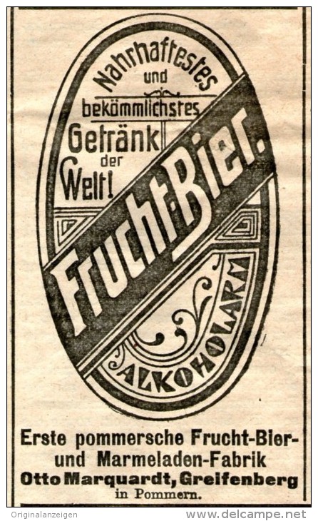 Original-Werbung/Anzeige 1908 - FRUCHT-BIER / OTTO MARQUARDT - GREIFENBERG IN POMMERN - Ca. 45 X 80 Mm - Werbung