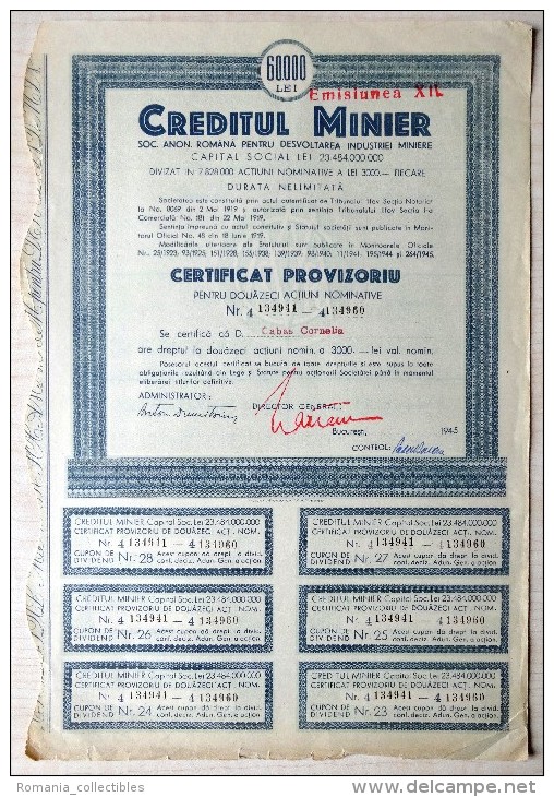Romania, 1945, Mining Credit - Vintage Bond Certificate & Coupons, 60000 Lei - A - C
