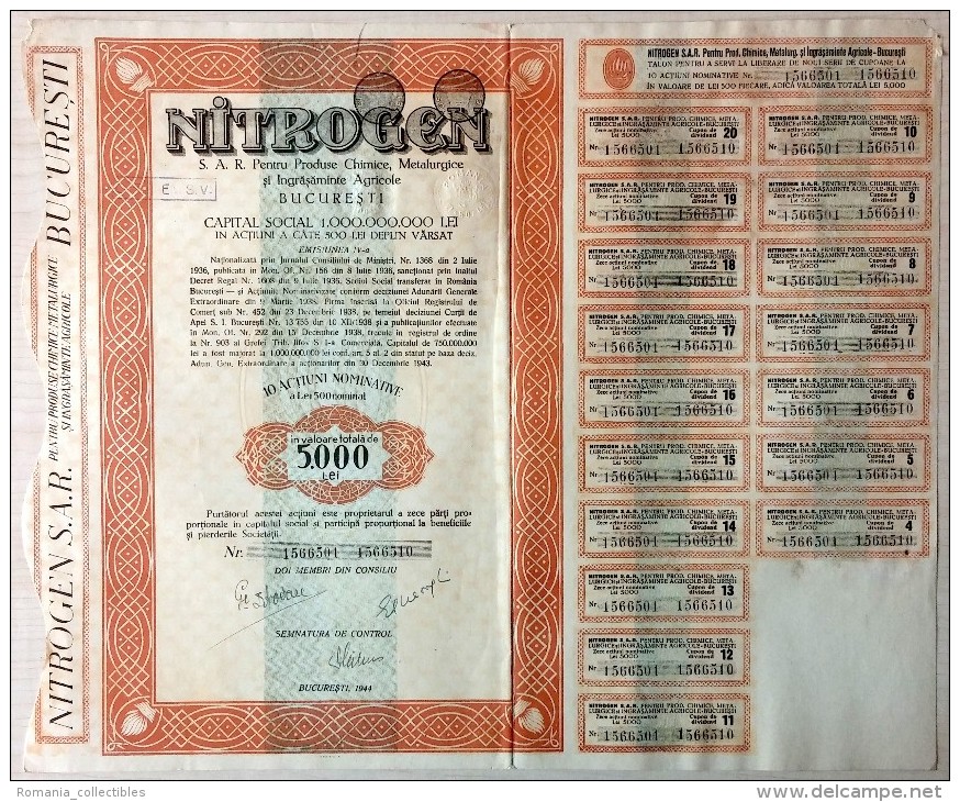 Romania, 1944, Nitrogen Company - Vintage Bond Certificate & Coupons, 5000 Lei - M - O