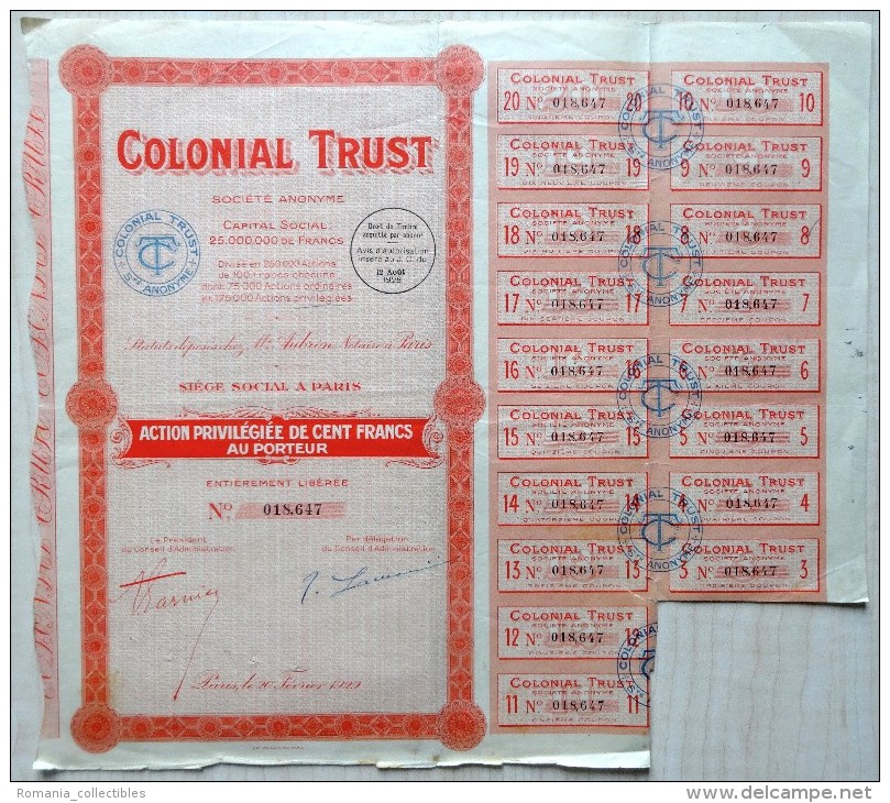 France, 1928, Colonial Trust - Vintage Bond Certificate & Coupons, 100 Francs - A - C