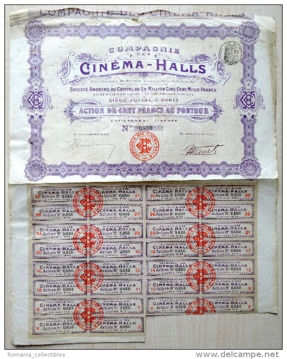 France, 1907, Cinema-Halls - Vintage Bond Certificate & Coupons, 100 Francs - A - C