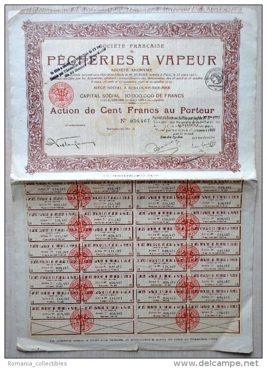 France, 1919, Pecheries A Vapeurs - Bond Certificate & Coupons, 100 Francs - P - R