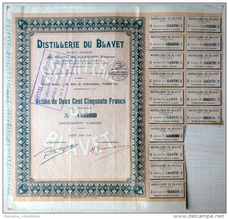 France, 1926, Distillerie Du Blavet - Bond Certificate & Coupons, 250 Francs - D - F