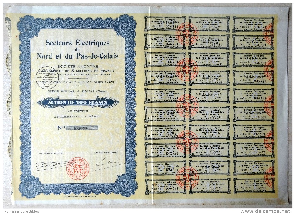 France, 1930, Secteurs Electriques Nord & Pas-de-Calais - Bond Certificate & Coupons, 100 Francs - S - V