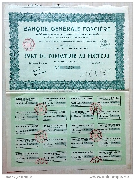 France, 1928, Banque Generale Fonciere - Bond Certificate & Coupons, 500 Francs - A - C