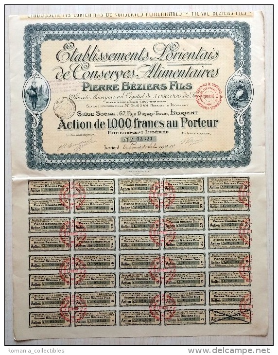 France, 1926, Etablissements Lorientais De Conserves Alimentaires - Bond Certificate & Coupons, 1000 Francs - D - F